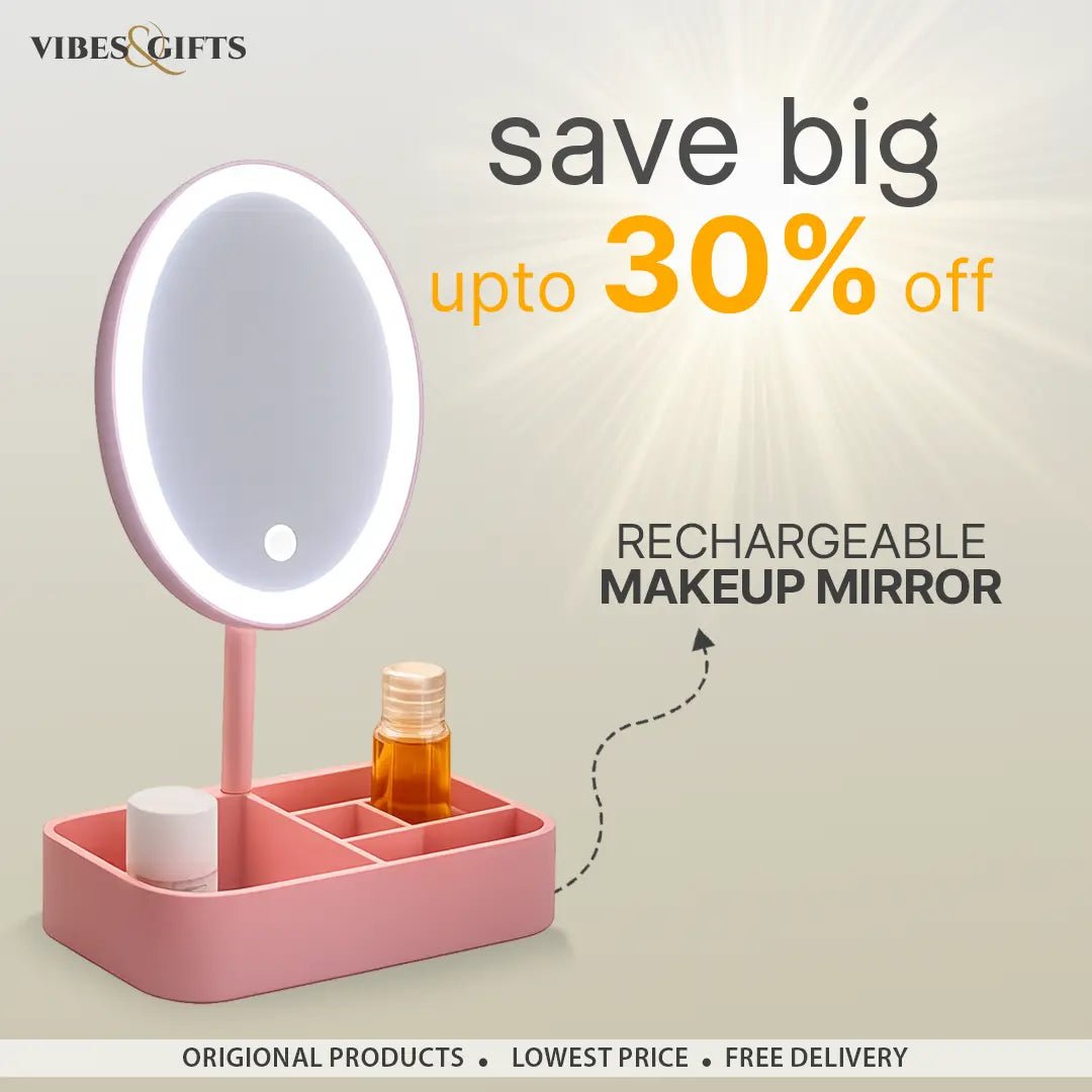 Rechargeable LED Makeup Mirror with Organizer – Touch Light Vanity Mirror for Makeup - vibesandgifts